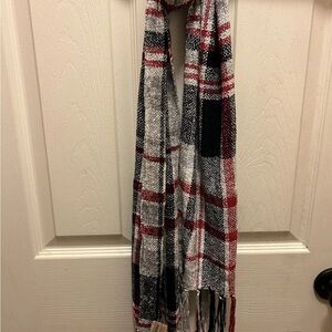 Fownes Plaid Fringe Scarf in Red, Black, Gray and White